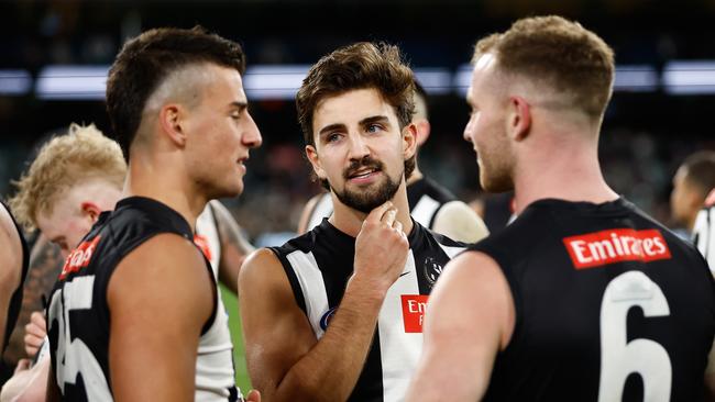 MELBOURNE, AUSTRALIA - MAY 07: Josh Daicos of the Magpies looks on during the 2023 AFL Round 08 match between the Collingwood Magpies and the Sydney Swans at the Melbourne Cricket Ground on May 7, 2023 in Melbourne, Australia. (Photo by Dylan Burns/AFL Photos via Getty Images)