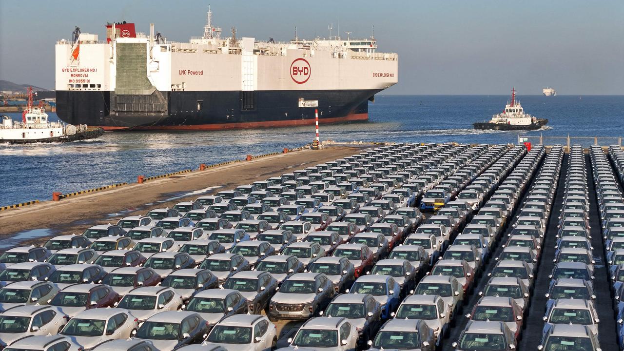 Electric cars for export waiting to be loaded on the ‘BYD Explorer NO.1’. Picture: AFP