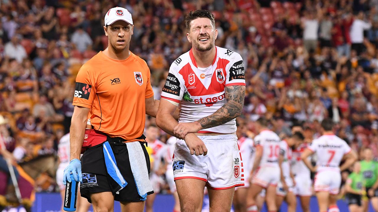Gareth Widdop of the Dragons is taken from the field injured during the Round 3 NRL match between the Brisbane Broncos and St George Illawarra Dragons 