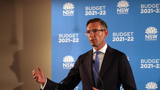 NSW Treasurer, Dominic Perrottet gives his 2021-22 budget media conference at the NSW Treasury Offices in Sydney. Picture: NCA NewsWire/Dylan Coker