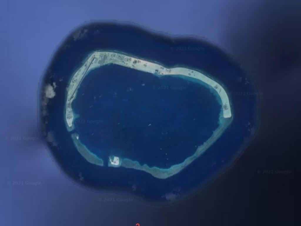 Mischief Reef is once of the many low-tide elevations in the Spratly Islands off the coast of the Philippines. Picture: Google Maps