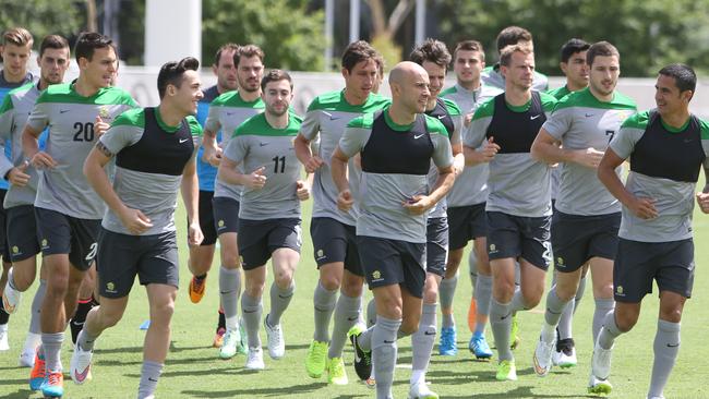 Socceroos training at Olympic Park. Training at Olympic Park starts at 11am. Socceroos squad warm up during training. Picture: Stuart Milligan