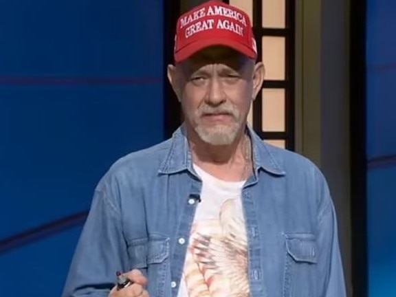 Tom Hanks has been slammed over his "disgusting" depiction of a MAGA supporter on Saturday Night Live's 50th anniversary special. Picture: NBC