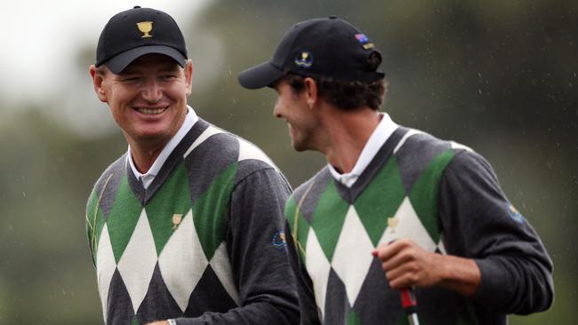 Ernie Els and Adam Scott during the 2011 Presidents Cup at Royal Melbourne.