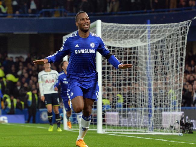 Didier Drogba celebrates scoring Chelsea’s second goal against Tottenham today at Stamford Bridge.