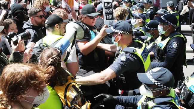 Pro-choice and anti-abortion protesters clash in Melbourne. Picture: David Crosling