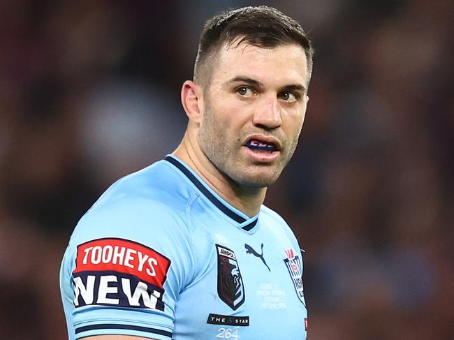 BRISBANE, AUSTRALIA - JUNE 21:  James Tedesco of the Blues reacts during game two of the State of Origin series between the Queensland Maroons and the New South Wales Blues at Suncorp Stadium on June 21, 2023 in Brisbane, Australia. (Photo by Chris Hyde/Getty Images)