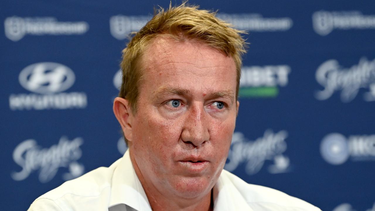 BRISBANE, AUSTRALIA - MARCH 05: Coach Trent Robinson of the Roosters speaks during a press conference after the round one NRL match between the Dolphins and Sydney Roosters at Suncorp Stadium on March 05, 2023 in Brisbane, Australia. (Photo by Bradley Kanaris/Getty Images)