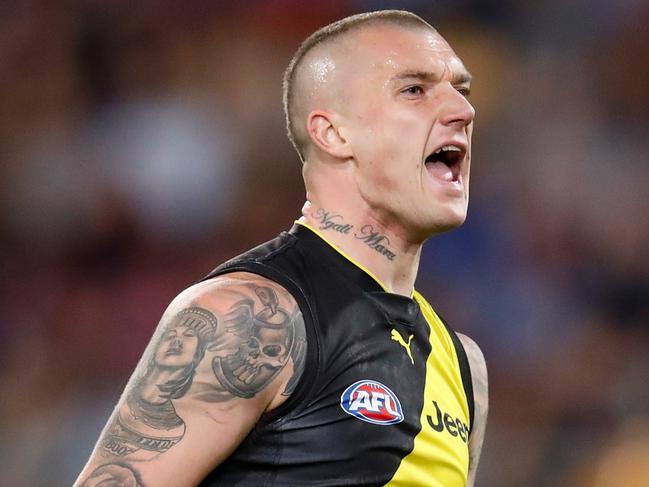 BRISBANE, AUSTRALIA - SEPTEMBER 07: Dustin Martin of the Tigers celebrates during the 2019 AFL Second Qualifying Final match between the Brisbane Lions and the Richmond Tigers at The Gabba on September 07, 2019 in Brisbane, Australia. (Photo by Michael Willson/AFL Photos)