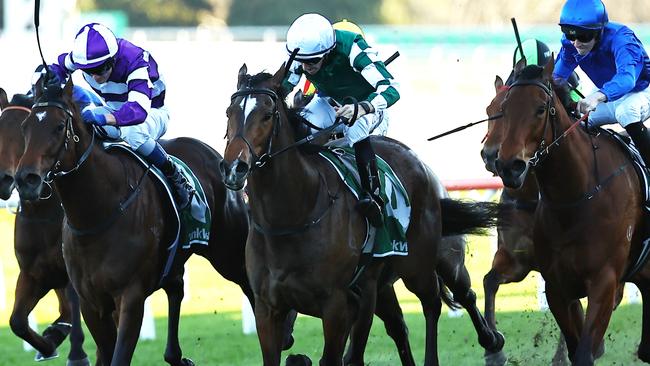 SYDNEY, AUSTRALIA - AUGUST 24: Jason Collett riding Kimochi wins Race 9 James Squire Toy Show Quality during Winx Stakes Day - Sydney Racing at Royal Randwick Racecourse on August 24, 2024 in Sydney, Australia. (Photo by Jeremy Ng/Getty Images)