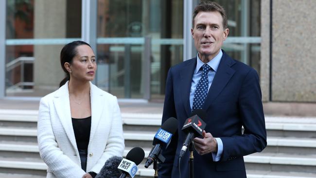 Christian Porter speaking at a press conference with his lawyer Rebekah Giles outside the Supreme Court after dropping his claims against the ABC for deformation. Picture: Jane Dempster