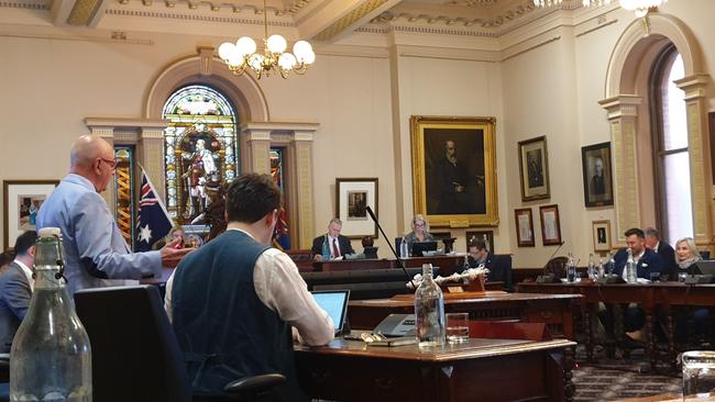 Adelaide City councillor Phillip Martin (left) during a meeting at Adelaide Town Hall supervised by chief executive Mark Goldstone (centre). Picture: Colin James