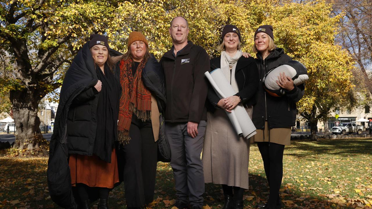 Scott Adams chief financial officer Hobart City Mission centre with City of Hobart staff L-R Laura Eaton, Justyne (Justyne) Wilson, Karen Abey, Abby McKibben. City of Hobart staff will join the Hobart City Mission sleep rough event in an effort to highlight homelessness continuing to rise in Hobart. Picture: Nikki Davis-Jones