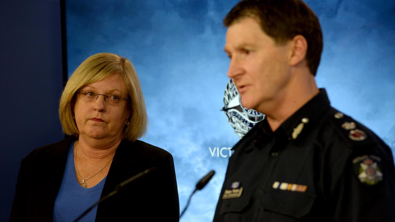 Victoria Police Chief Commissioner Shane Patton and Police Minister Lisa Neville address the media about the enforcement activities in response to the stage-three restrictions. Picture: NCA NewsWire/Andrew Henshaw