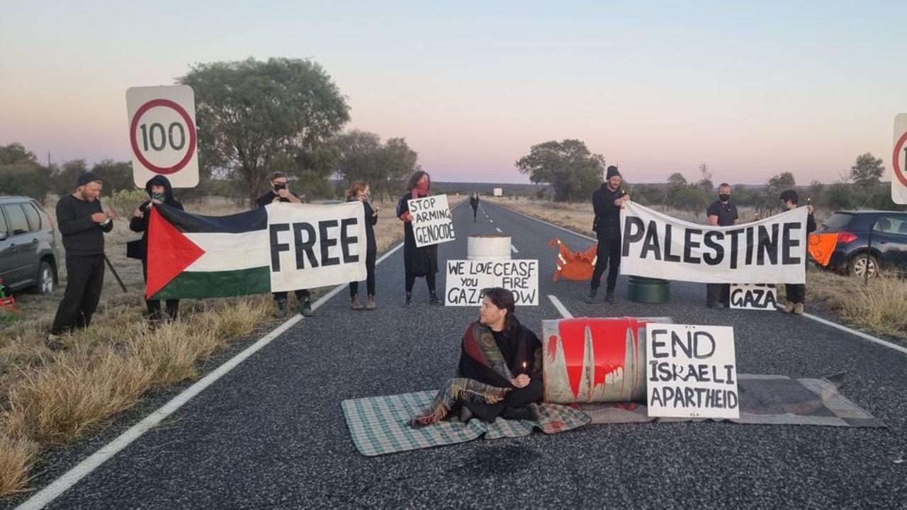 A group of activists is currently staging a blockade at Pine Gap Joint Defence Facility near Alice Springs. Picture: Territorians for Palestine