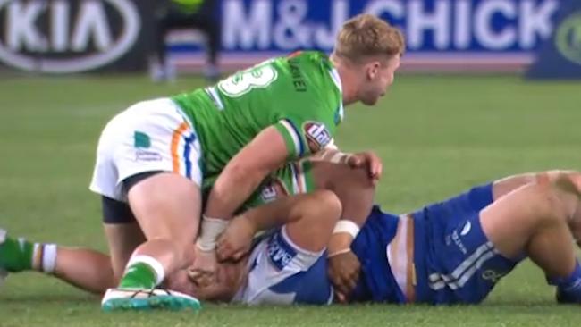 Hudson Young eye gouge on Aiden Tolman. Picture: Fox Sports