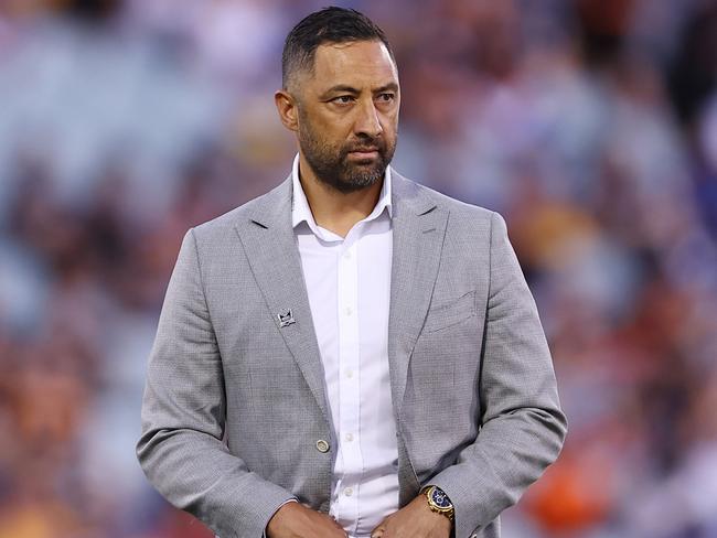 SYDNEY, AUSTRALIA - SEPTEMBER 06: Coach of the Tigers Benji Marshall looks on  prior to the round 27 NRL match between Wests Tigers and Parramatta Eels at Campbelltown Stadium, on September 06, 2024, in Sydney, Australia. (Photo by Jeremy Ng/Getty Images)