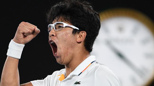 Hyeon Chung celebrates after beating Novak Djokovic to make the quarter-finals of  the Australian Open. Picture: AFP