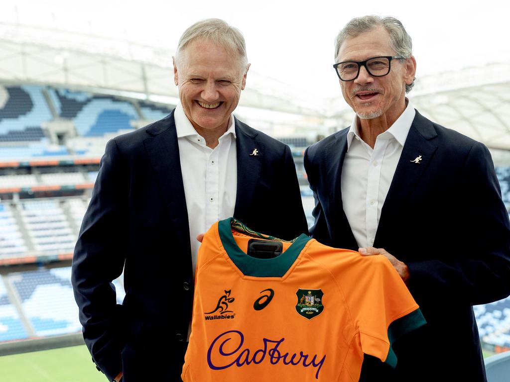 Outgoing Wallabies coach Joe Schmidt and his replacement, Les Kiss. Picture: AFP