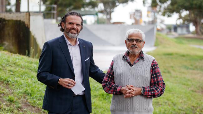 Independent candidate for the seat of Watson Dr Ziad Basyouny chats with a local community member after he announced his candidacy at a press conference in Greenacre on Tuesday. Picture: NewsWire / Nikki Short