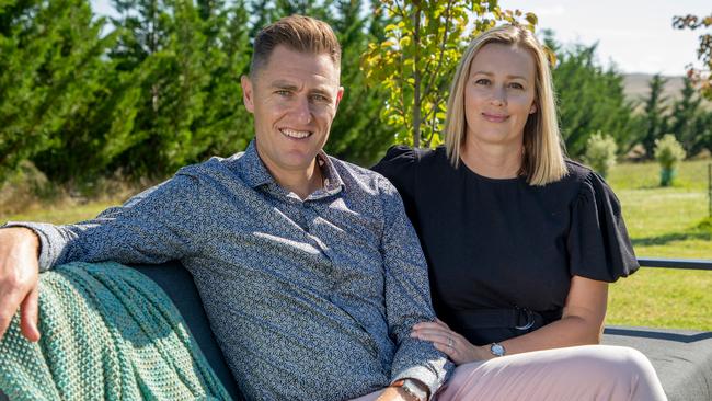 Author of a new book, Leverage, and founder of the Insecurity Project, Jaemin Frazer with his wife Katherine. Picture: Peter Oliver