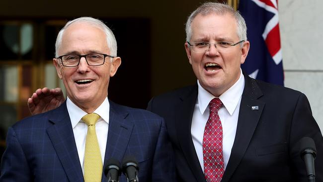 Malcolm Turnbull and Scott Morrison just before Mr Turnbull was rolled. Picture: Kym Smith.