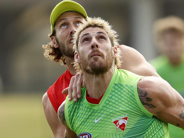 Sydney's Sam Naismith and Tom Hickey during the Sydney Swans training session at Lakeside oval ahead of their match with Melbourne at the MCG on Saturday. Photo by Phil Hillyard (**NO ON SALES** ÃÂ©Phil Hillyard)