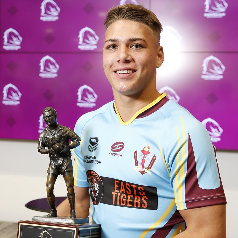 Reece Walsh the Allan Langer Trophy when he was at Keebra Park High in 2019. Picture: AAP Image/Josh Woning