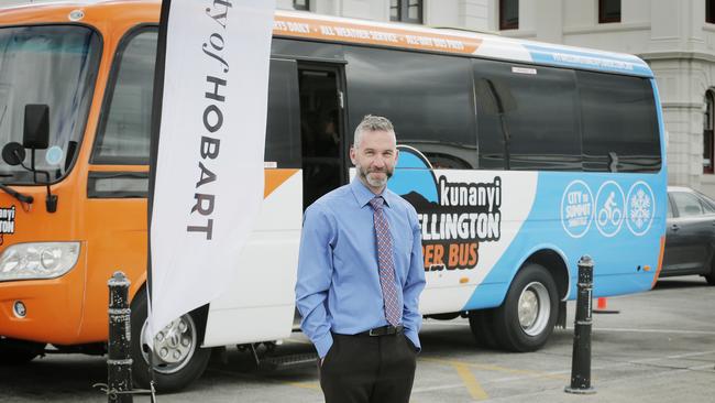 Jonathan Gregory, owner of the kunanyi/Mt Wellington Explorer Bus Company, at the launch of their new mountain bus service. Picture: MATHEW FARRELL