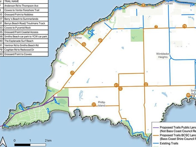 Bass Coast Shire Council is proposing a trail from Cowes to Ventnor, along the foreshore. The trail is trail number eight in this graphic.