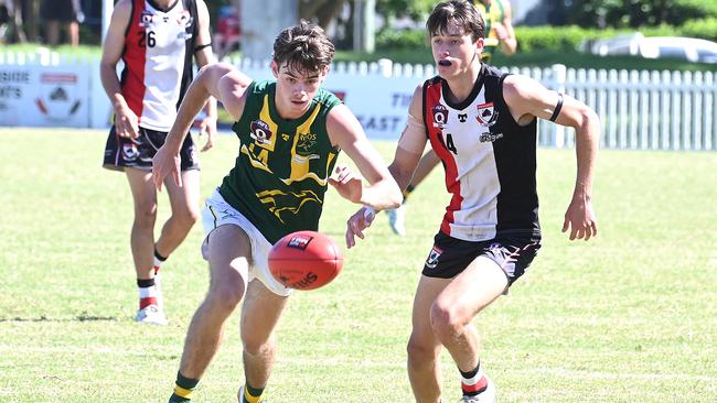 QAFL colts between Morningside and Maroochydore’s Hunter James earlier this season. Picture, John Gass