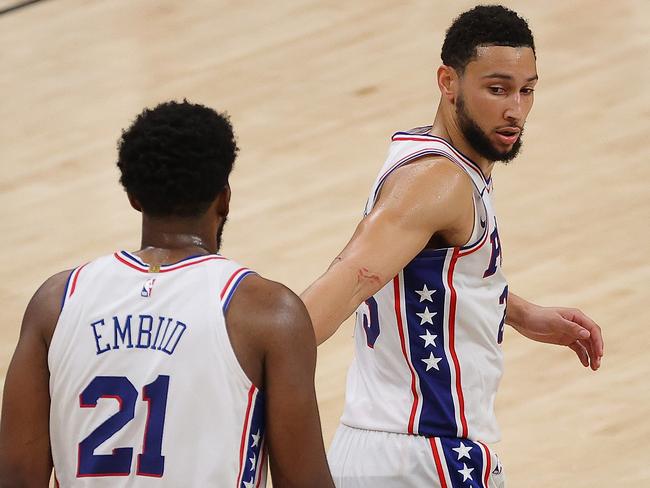 Simmons’ 76ers teammate Joel Embiid criticised the Australian’s lack of offensive intent in their playoff loss to the Atlanta Hawks. (Photo by Kevin C. Cox/Getty Images)