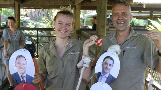 Wildlife keepers prepare their "democracy drumsticks" for their clairvoyant crocodile, Jack the Ripper, a 5m saltie, originally from the Northern Territory.