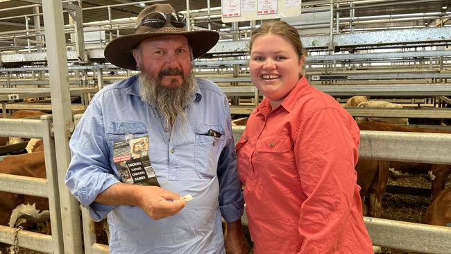 Joe Klippel from Berringama with his daughter Joely sold Limousin cross cattle at the Wodonga sale, with a pen of 328kg steers selling for $1050 or 320c/kg.