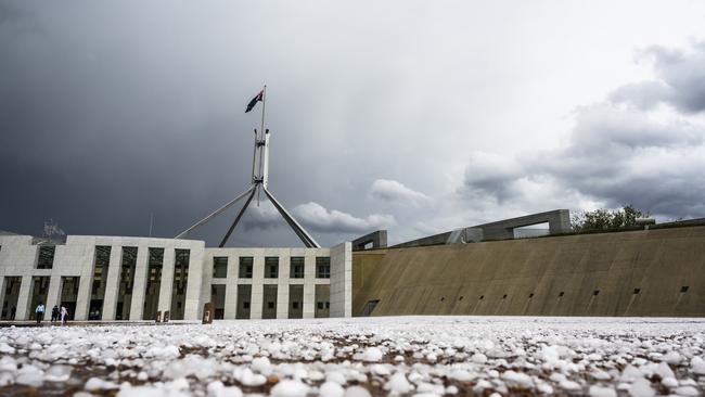 Golf ball-sized hail is shown at Parliament House Picture: Rohan Thomson/Getty Images