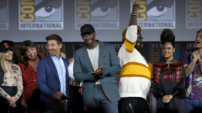 Florence Pugh, Cate Shortland, Jeremy Renner, Mahershala Ali, Brian Tyree Henry, Tessa Thompson and Taika Waititi speak at the Marvel Studios Panel during 2019 Comic-Con International at San Diego Convention Center on July 20, 2019 in San Diego, California. Picture: Kevin Winter/Getty Images