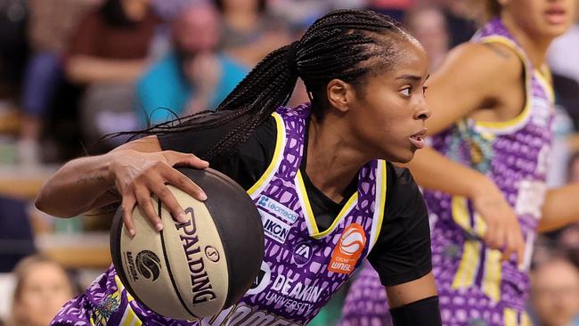 MELBOURNE, AUSTRALIA - NOVEMBER 04: Jordin Canada of the Boomers handles the ball during the round one WNBL match between Southside Flyers and Melbourne Boomers at State Basketball Centre, on November 04, 2023, in Melbourne, Australia. (Photo by Kelly Defina/Getty Images)