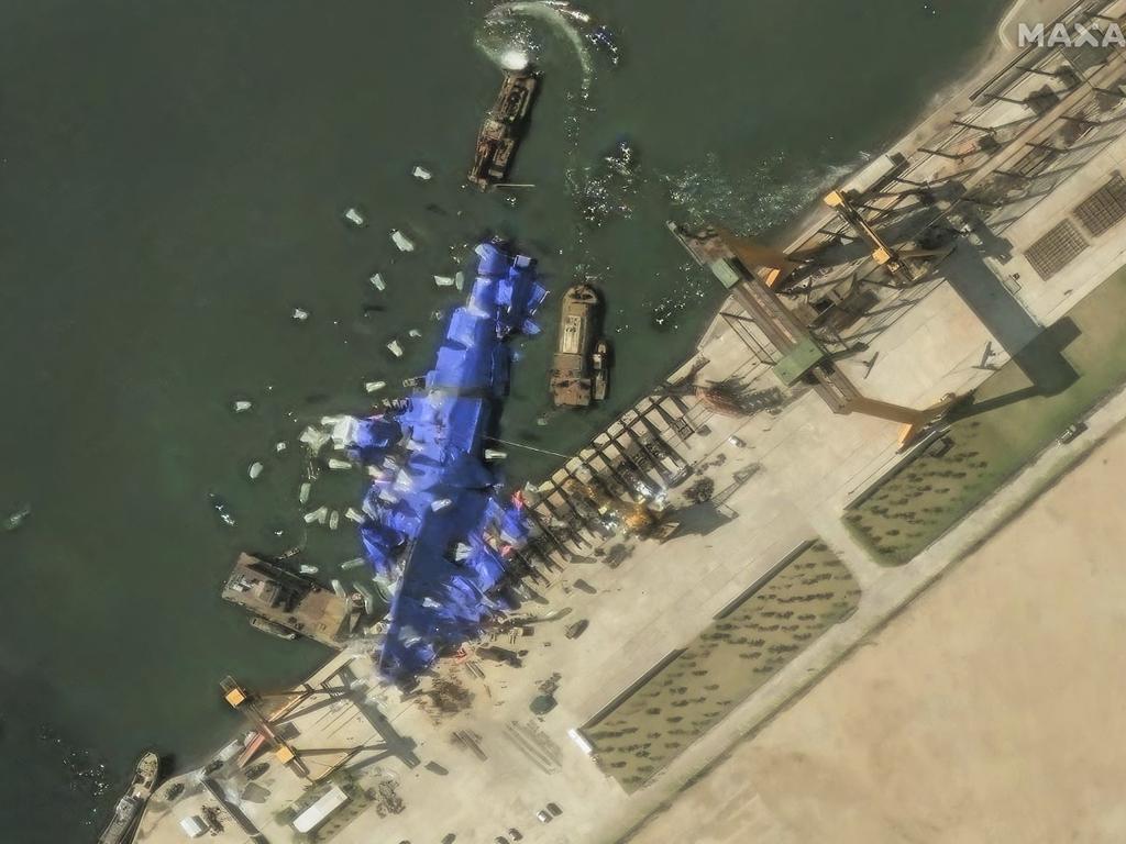 This satellite image shows North Korea's new naval destroyer on May 24, 2025, in Chongjin, North Korea. Picture: Maxar Technologies via AP