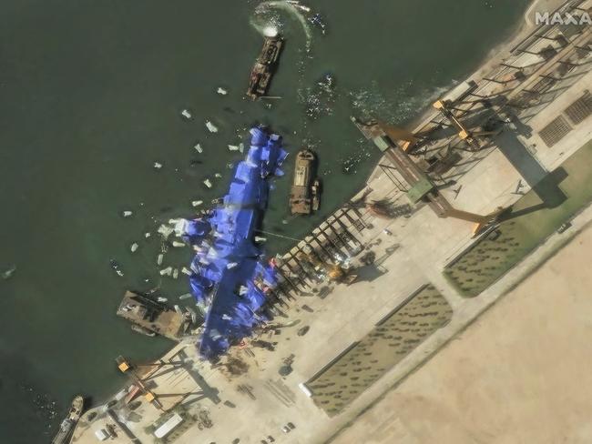 This satellite image shows North Korea's new naval destroyer on May 24, 2025, in Chongjin, North Korea. Picture: Maxar Technologies via AP