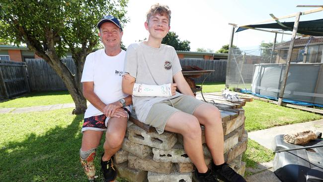 Noah Chandler was camping in NSW with his grandfather Geoff when a tree fell onto their caravan. Noah was inside it at the time and is lucky to be alive. Picture: Alan Barber