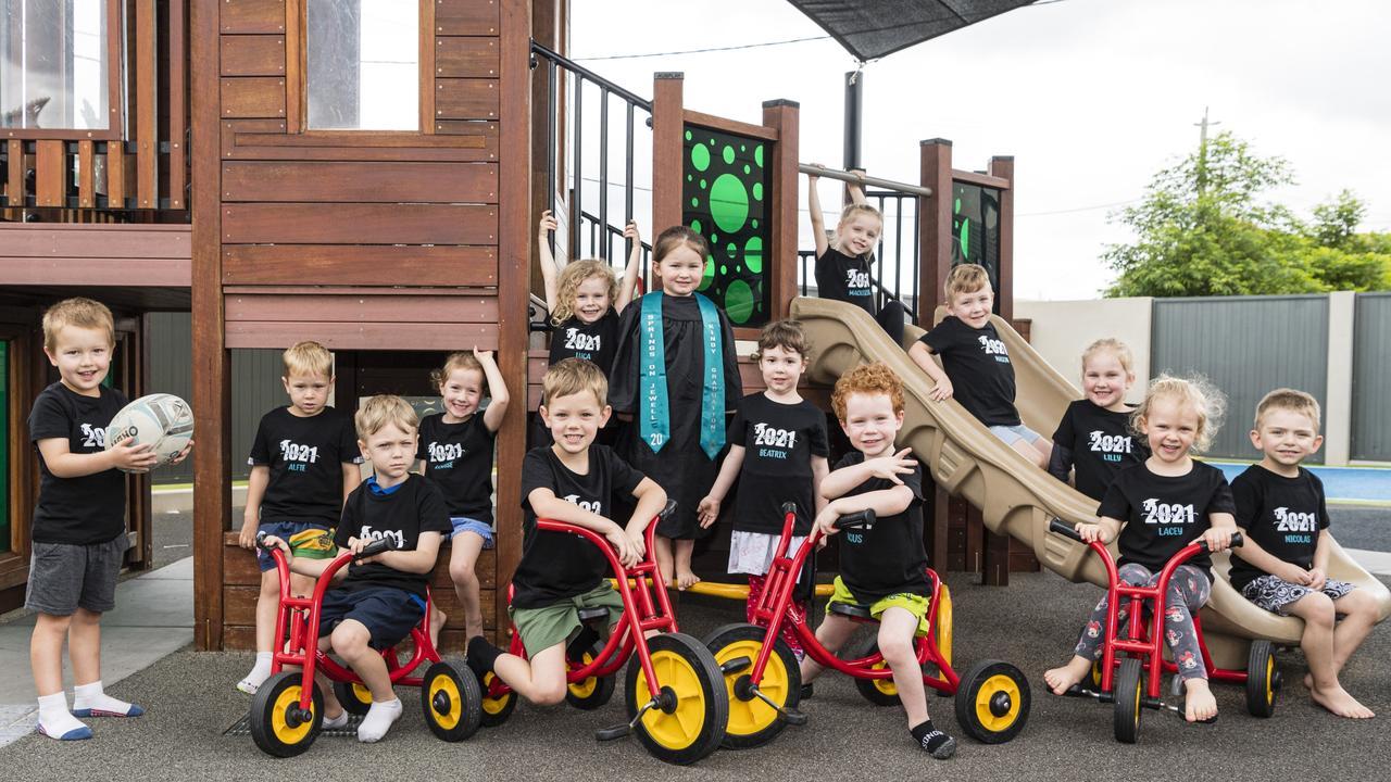 Ready to graduate are (from left) Preston Hansen, Alfie Ruhle, Caspian Gaydon, Louise Rheerder, Lennox Jones, Luca Douglas-Robinson, Rylee Bainbridge, Beatrix Nutter, Mackenzie Andrews, Angus Ward, Mason Rasmussen, Lilly Shultz, Lacey Lee and Nicolas Follie of the pre-prep group at Springs Early Education on Jewell, Monday, November 29, 2021. Picture: Kevin Farmer