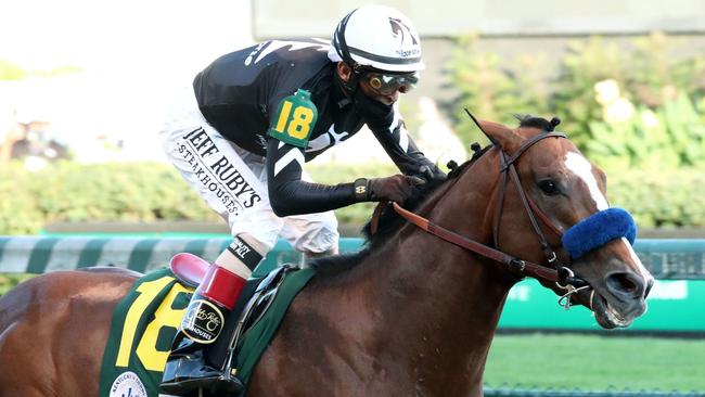 John Velazquez rides Authentic over the line to win the 2020 Kentucky Derby in the United States. The horse is part-owned by the Gold Coast's Brian and Brett Walsh. Picture: US Racing.com