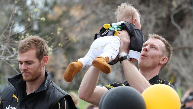 Riewoldt and Poppy at the 2019 Grand Final parade. Picture: Michael Klein.