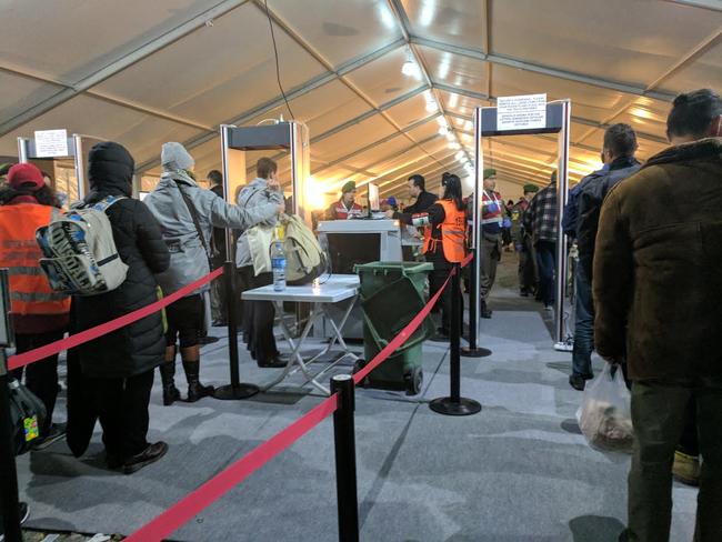 Men and women divided into separate queues at a security checkpoint in Gallipoli for Anzac Day Services. Picture: Jack Houghton