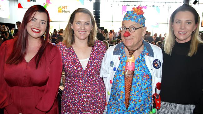 Dani Barnett, Hayley McDonald, and Hannah Moore, with Clown Doctor, Dr. Blot. Picture: Dean Martin