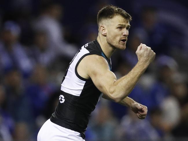 Robbie Gray of the Power celebrates a goal in Round 22 against North Melbourne at Marvel Stadium. Picture: AAP Image/Daniel Pockett