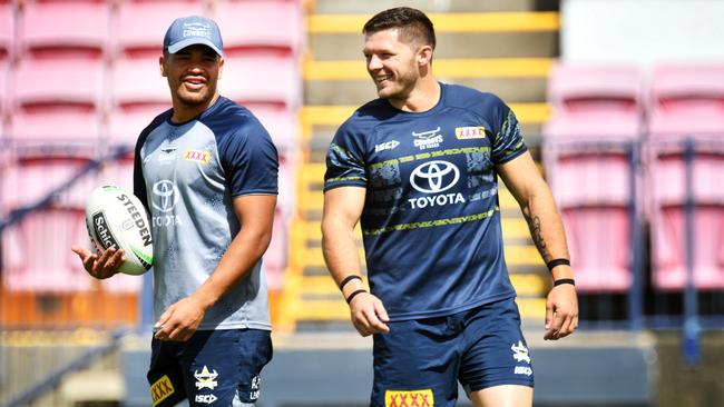 NRL; North Queensland Cowboys training at 1300 Smiles Stadium. Esan Marsters and Corey Jensen . Picture: Alix Sweeney