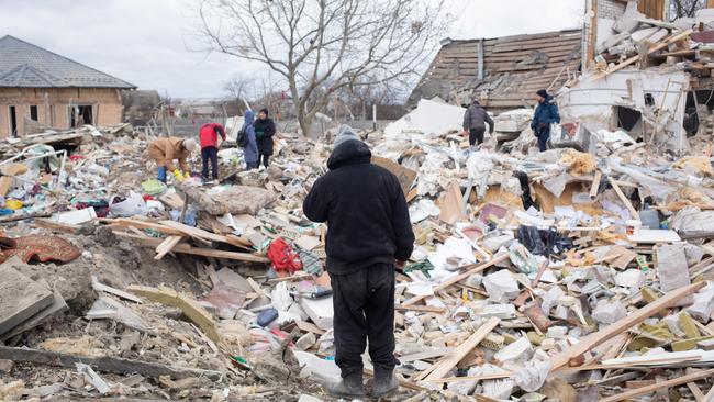 Ihor Mazhayev at his destroyed house in Markhalivka, Ukraine. Picture: Getty Images