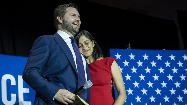 JD Vance embraces his wife Usha Vance after winning a primary election in 2022. Picture: Getty Images