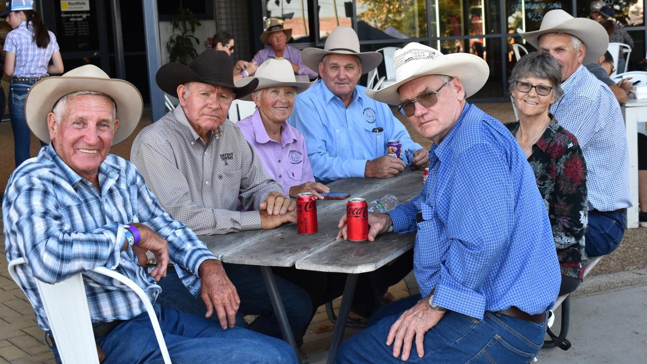 John Wall, Tom Kenny, Melba Clothier, Geoff Frame, Max Frame, Gayle Frame and Lindsay Frame at the Ariat APRA National Finals Rodeo at Gracemere CQLX, Saturday, November 12, 2022.